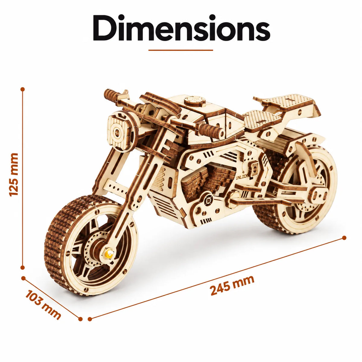 Maquette moto en bois à assembler avec dimensions 245 x 103 x 125 mm