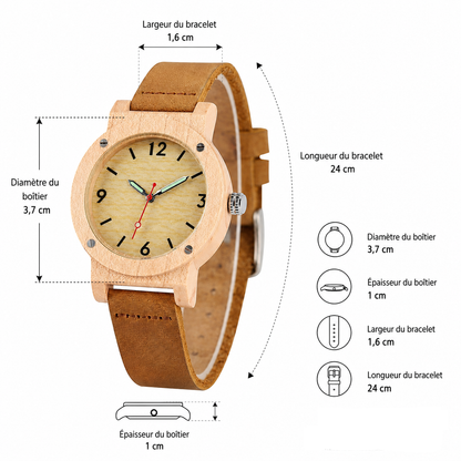 Dimensions du boîtier et du bracelet de la montre en bois