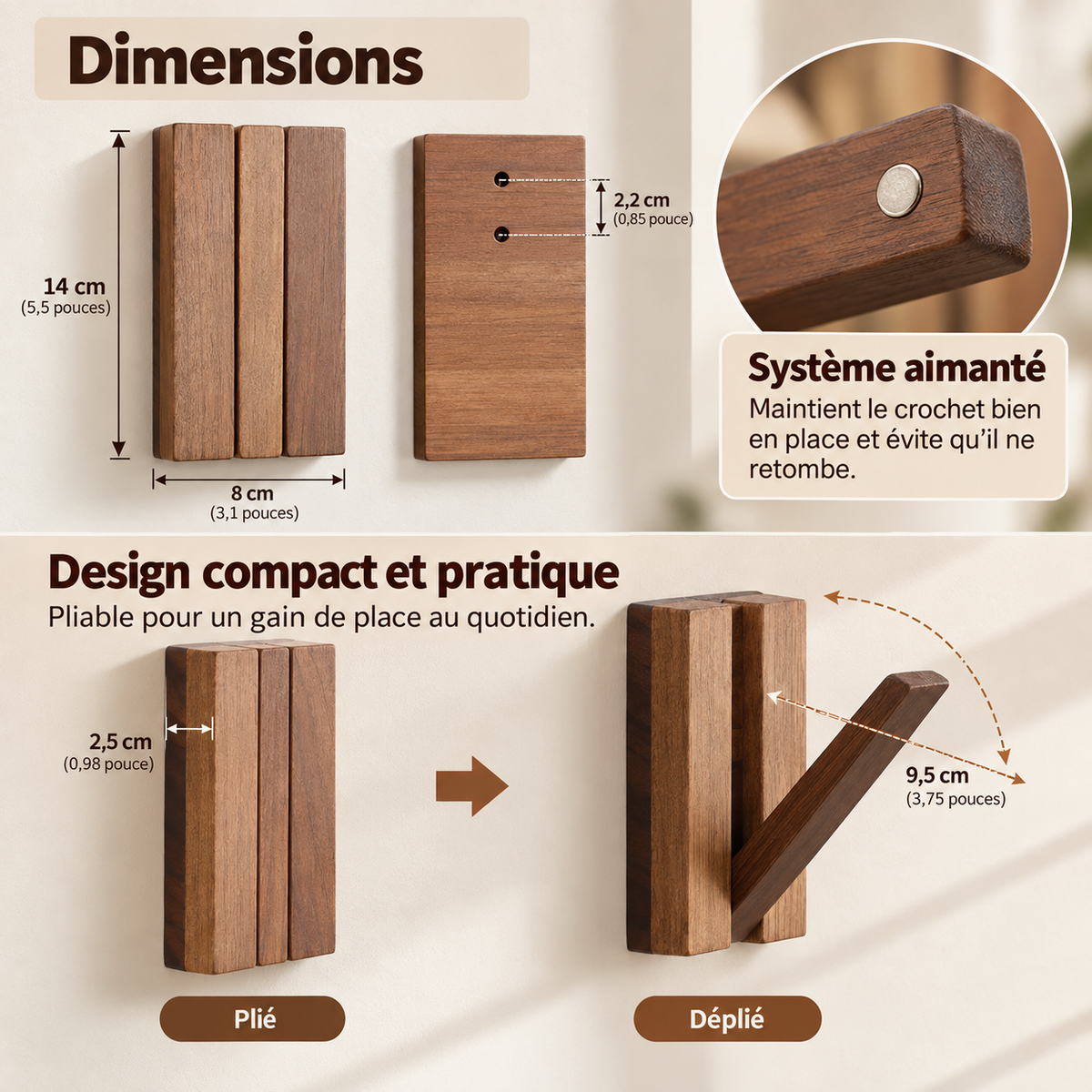 Patère murale en bois d’acacia avec crochet rabattable aimanté