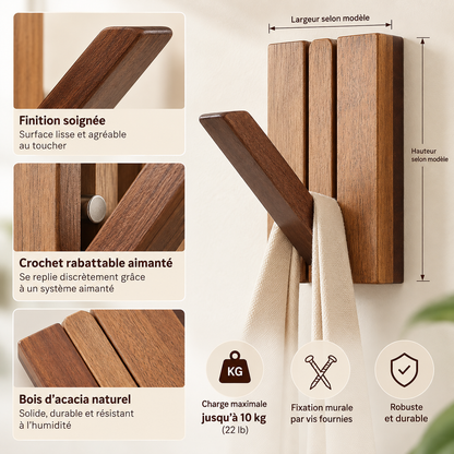 Installation d’une patère murale pliante en bois d’acacia avec vis fournies