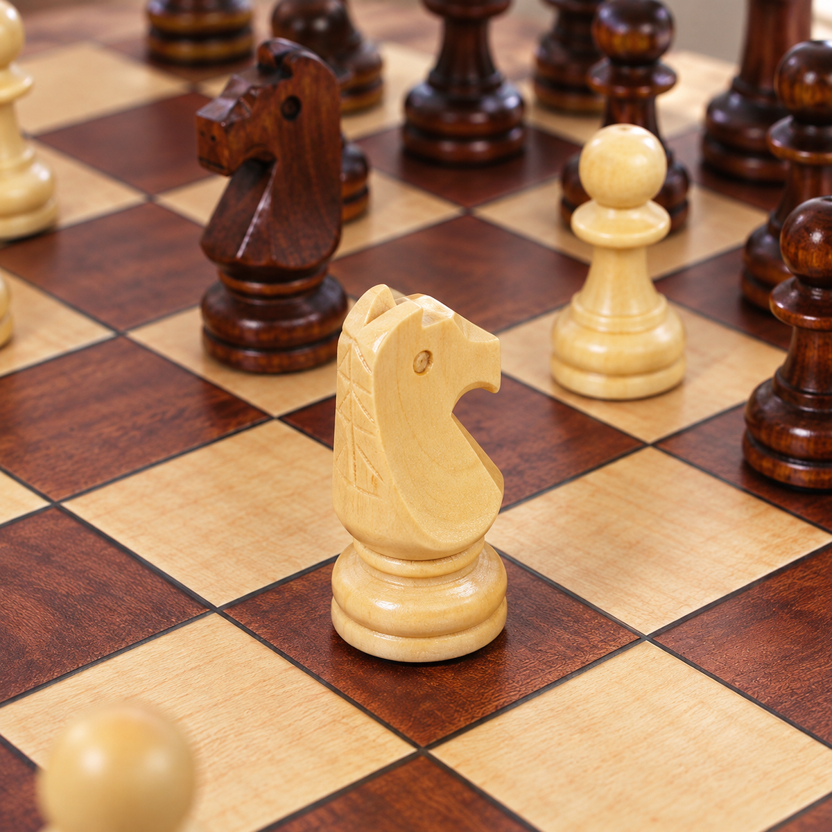 Gros plan sur les pièces en bois d'un jeu d'échecs, avec cavalier au premier plan