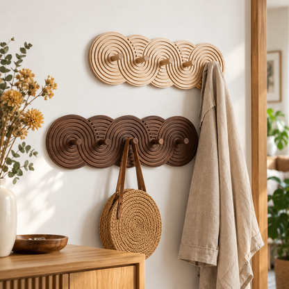 Deux Porte-manteaux muraux en bois clair et foncé avec des accessoires